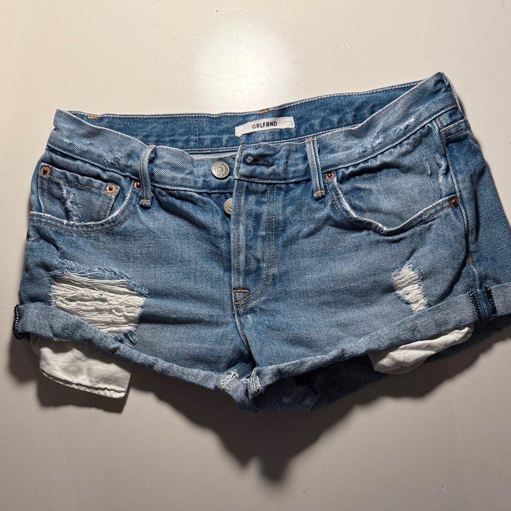 GRLFRND Light Blue Distressed Jean Shorts